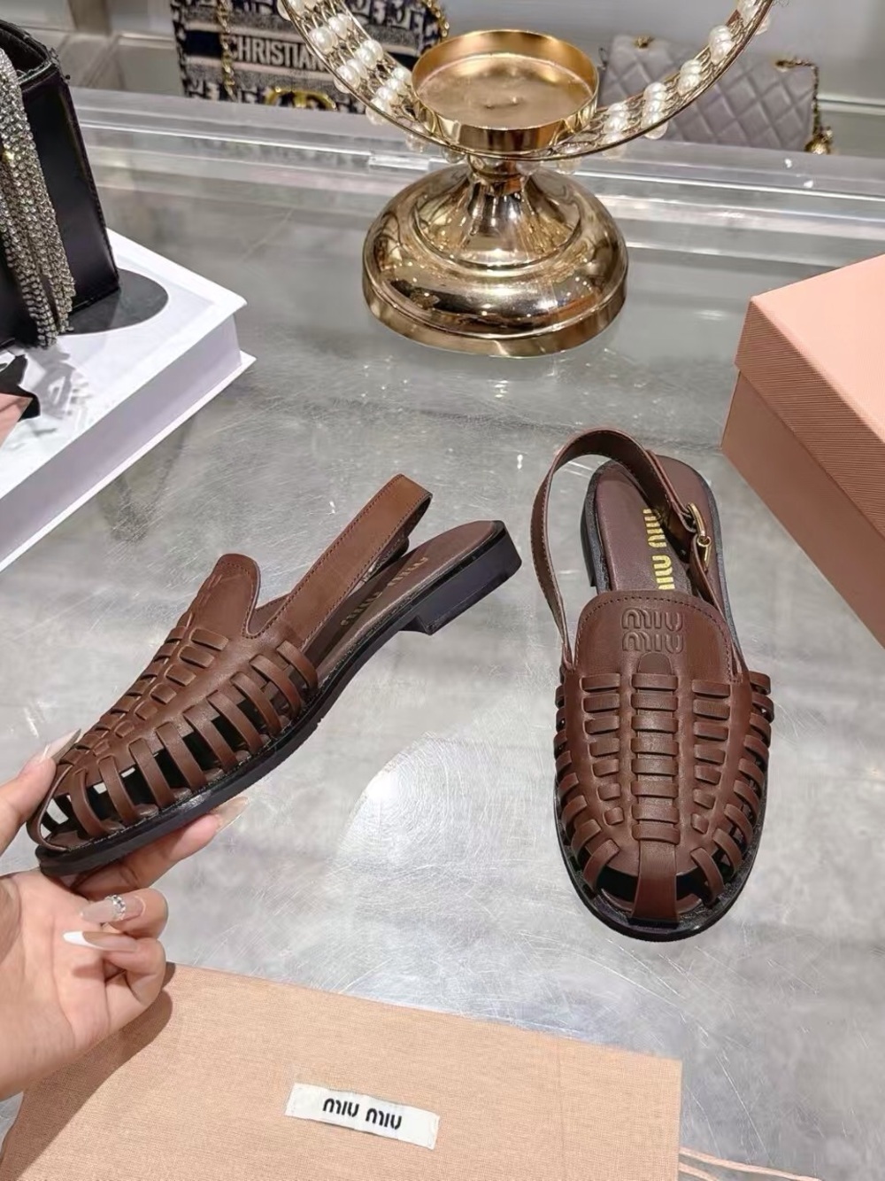 Miu Miu Brown Woven Leather Slingback Sandals - Picture 5 of 7
